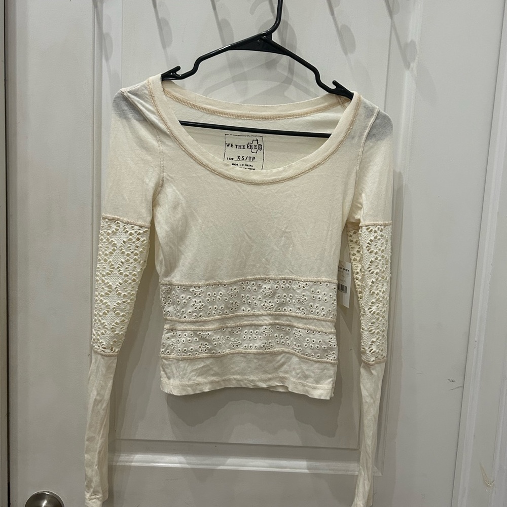 Free People Cream Lace Detail Top